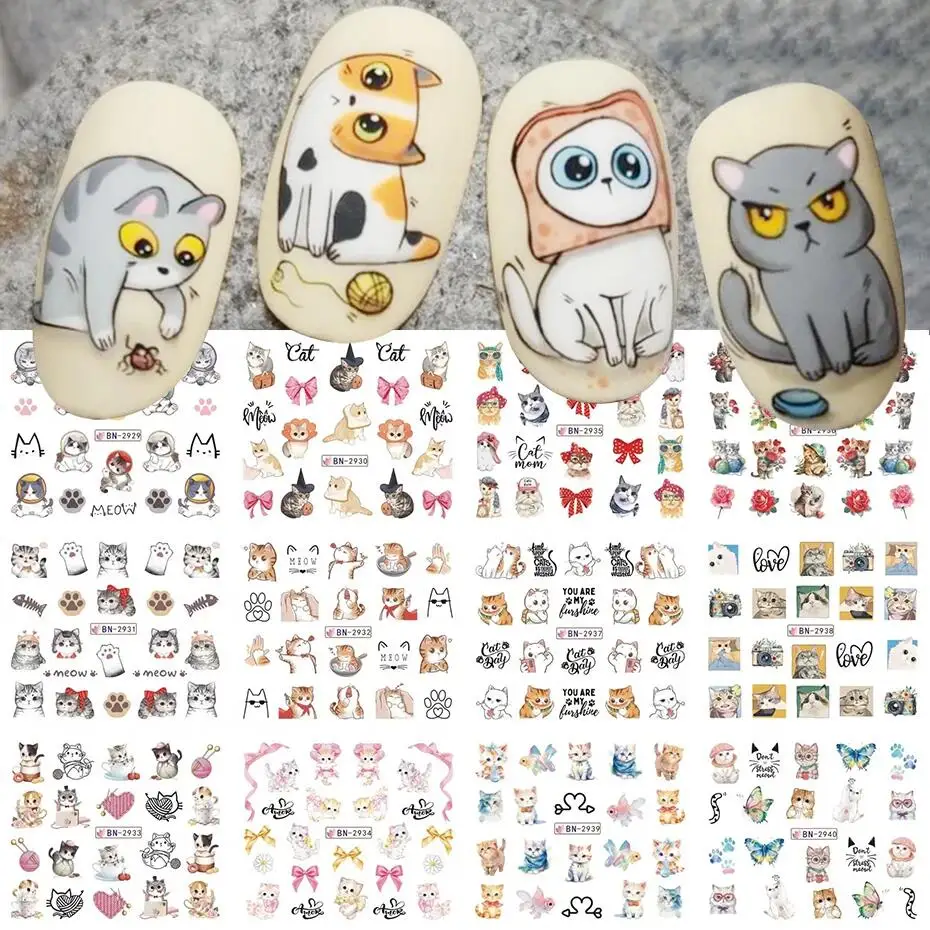 12pcs Nail Stickers nail stickers nail decals nail art decoration Cartoon Cute Cat Stickers Nail Decals Love Heart Anime Childlike Nail Art Water Sliders Tattoo Decorations Manicure