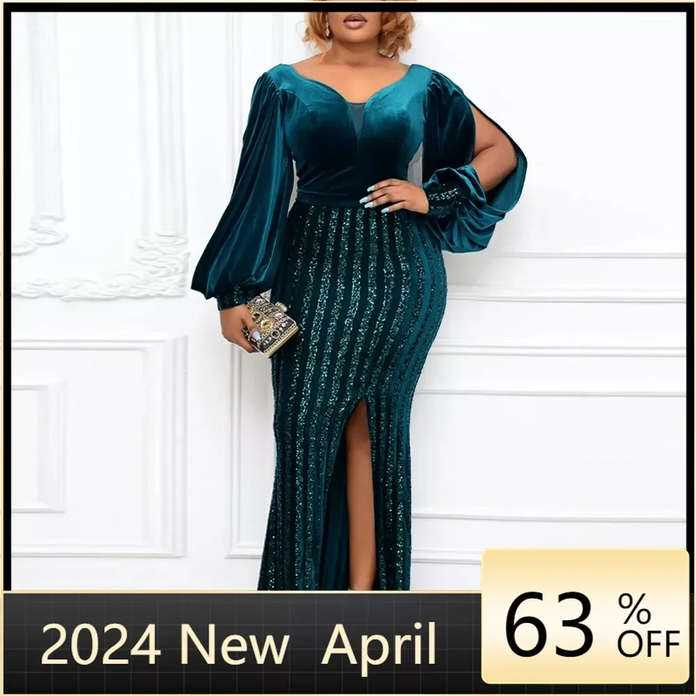 

Elegant Women Long Glitter Dress Party Prom Velvet High Slit Puff Sleeve Vintage Green Evening Dinner Outfits Large Size Dresses