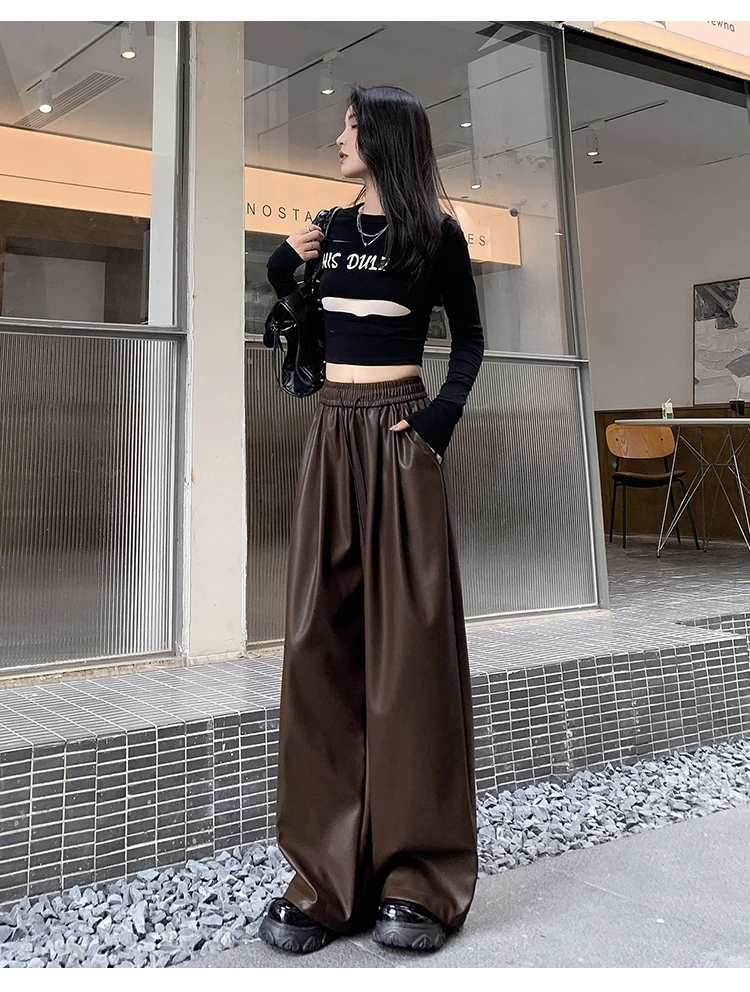 Herbst Einfarbig Klassische Volle Länge Gerade Frauen Hosen High Street Fashion Kordelzug Elastische Taille Weibliche Breite Bein Hosen – Detail 8