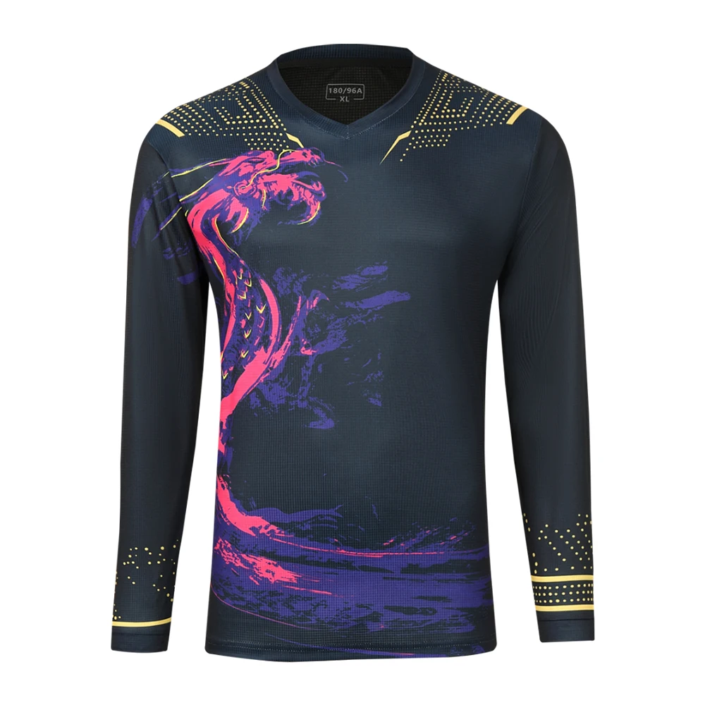 V-neck Long Sleeve Badminton T-shirt for Men Women Kids Autumn Winter China Style Dragon Print Tennis Ping Pong Uniform Top