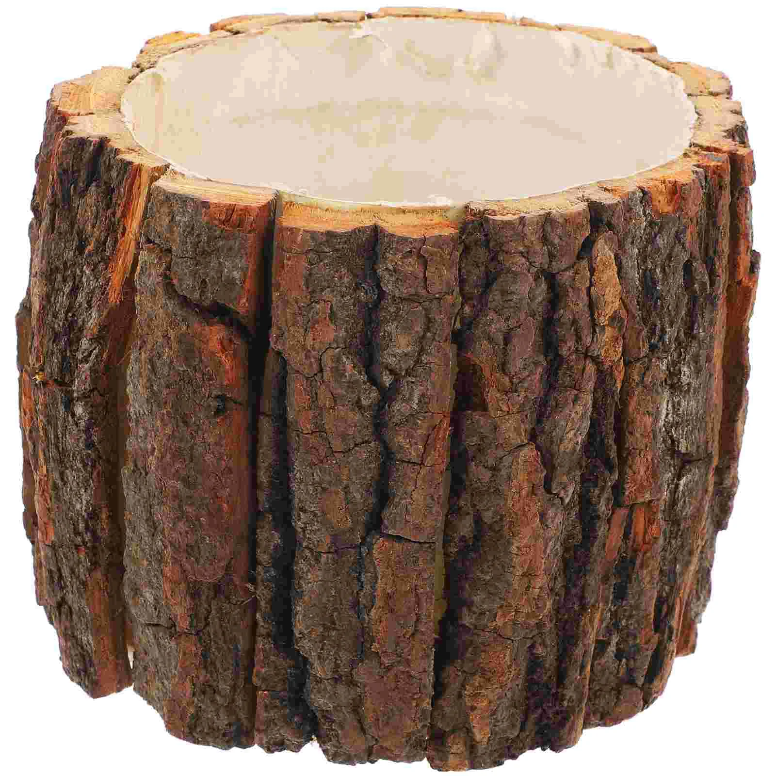 

Natural Wood Flower Pot Rustic Stake Design Succulent Plant Potted Planter Bonsai Pots Bark Barrel Bucket Garden Decoration