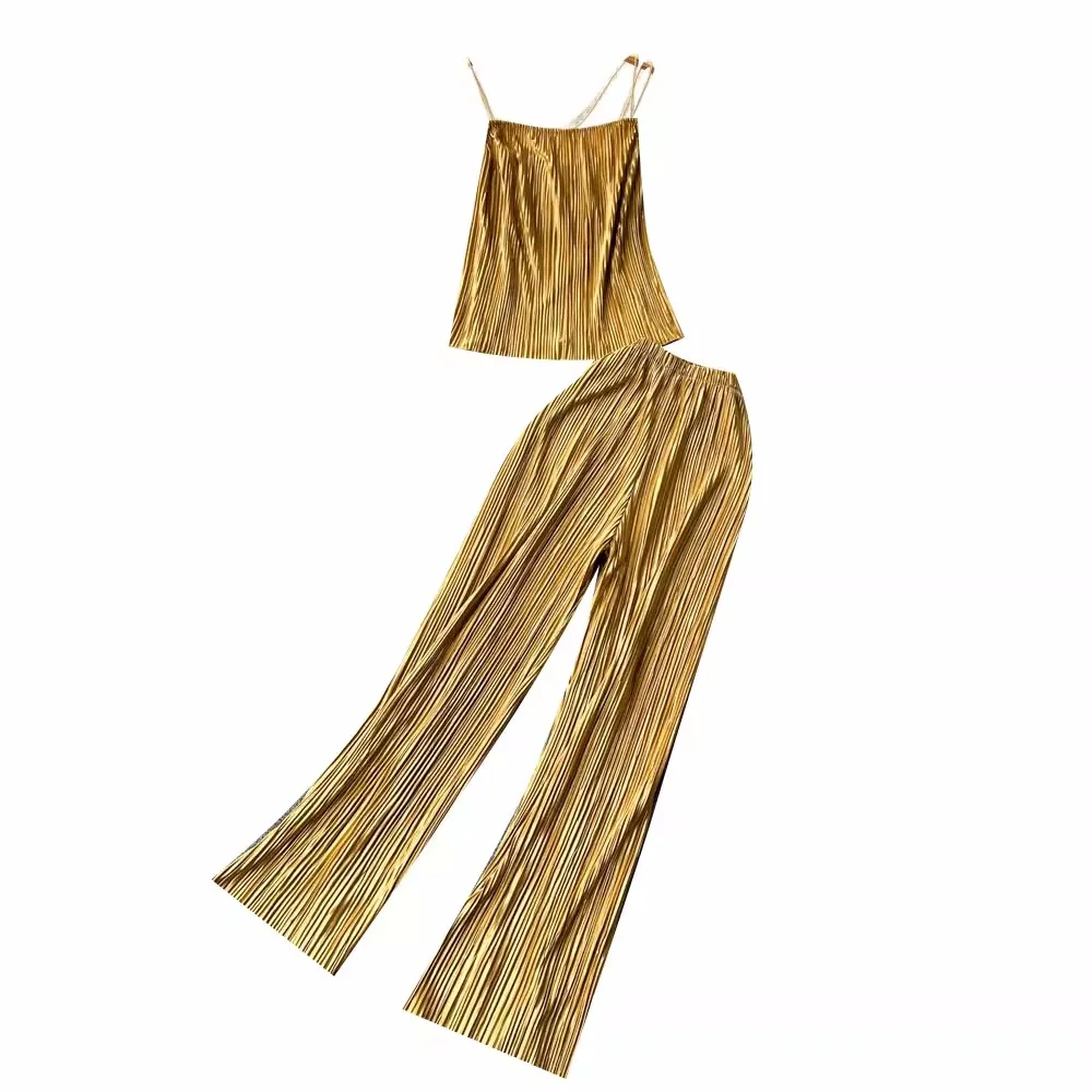 

2023 New Summer Women Fashion Miyake Pleated Pants Sets Sexy Thin Strap Top And High Waist Wide-leg Long Pants Two Piece Set