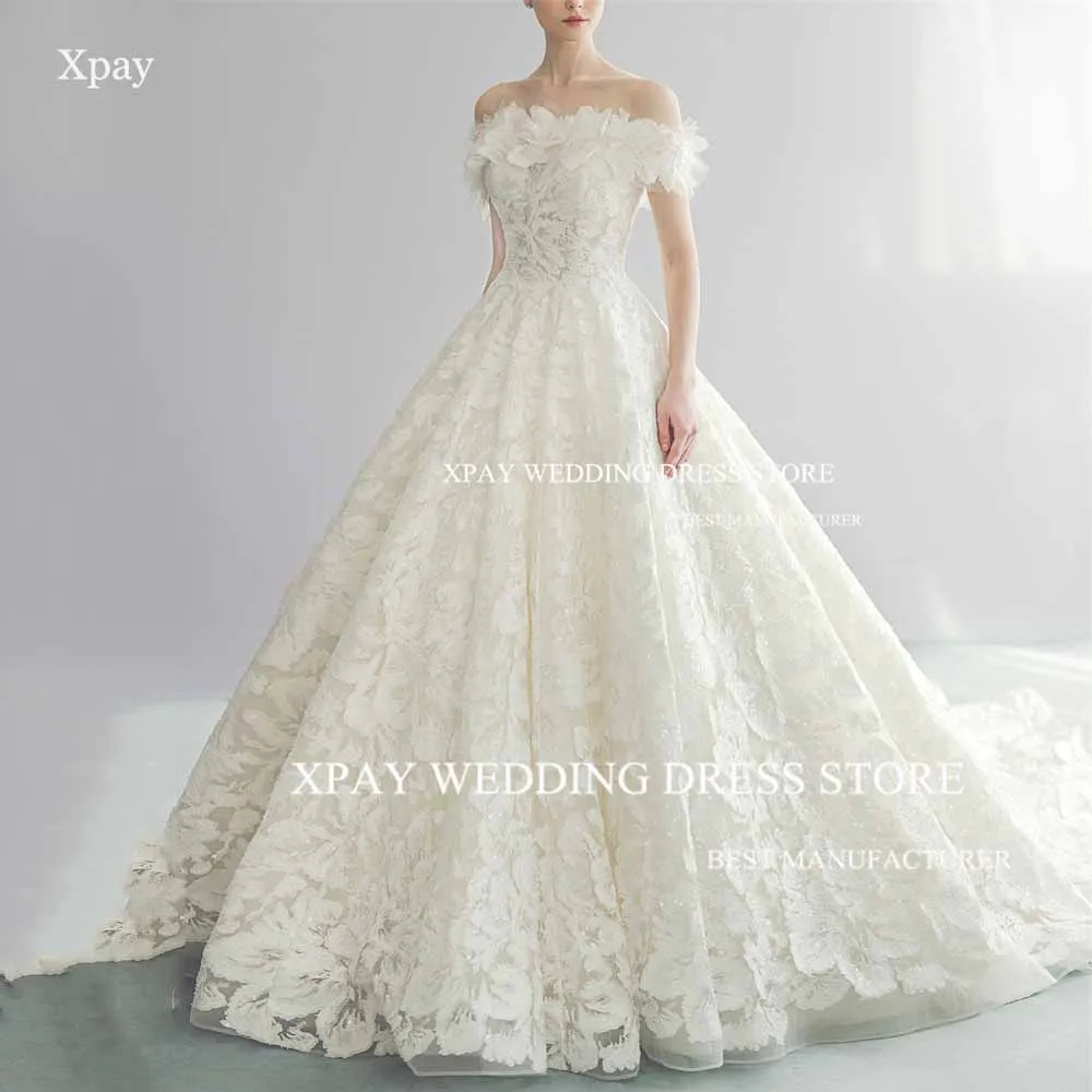 XPAY Luxury Off The Shoulder Korea Ball Gown 3D Flowers Lace Appliques Wedding Dresses Photography Shoot Elegant Bride Gown