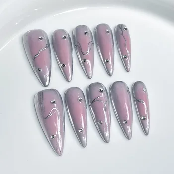 Handmade Press on Nails Sweet Cool Spice Girls Style Fake Nails Wearable Punk Metal European Long Almond False Nails for Girls 1