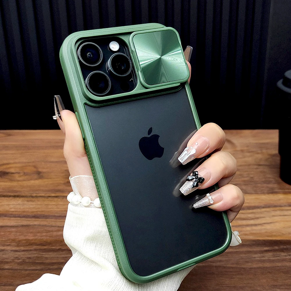 Étui de luxe pour appareil photo, capuchon coulissant, pour iphone 16 15 14 13 12 11 pro max 16pro 15pro, résistant aux chocs, transparent, dur, couverture complète