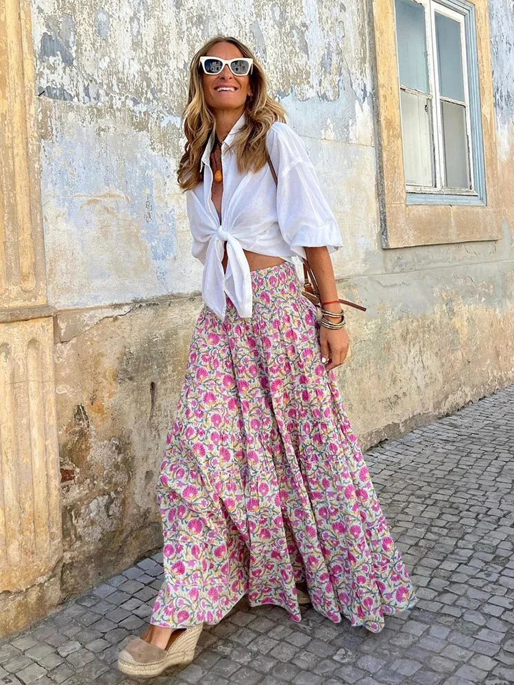 Fashion Women Skirts New Casual All-match Skirt Loose Elastic Waist Floral Print Ethenic Style Boho Skirt 2023 New Summer Female high gain hh s518 sma female uhf vhf 145 435mhz dual band short hand antenna for baofeng uv 5r two way radio walkie talkie
