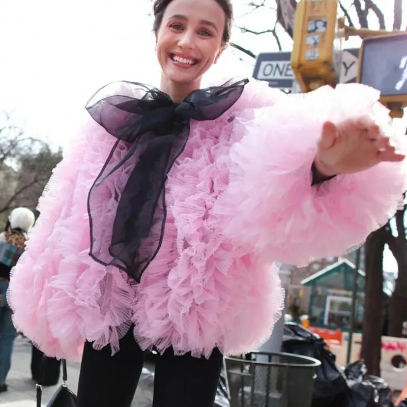 

Pink Blouse Fluffy Street Fashion Birthday Wear Ruffle Top Women Tiered Full Sleeve