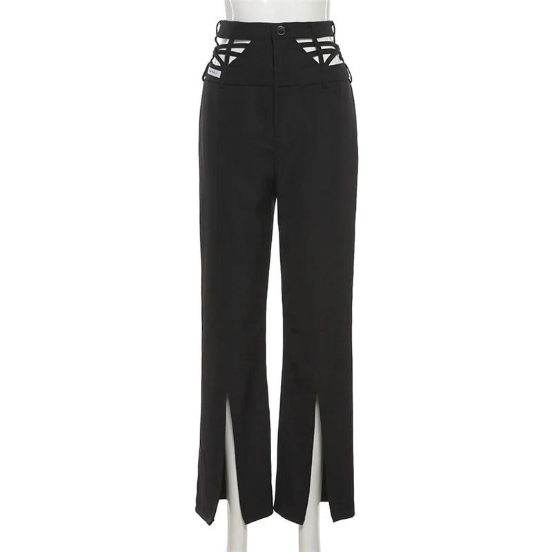 2024 Spring Women Full Length Black Casual Pants High Elastic Waist Loose Solid Hollow Out Split Flared Leg Trouser Streetwear