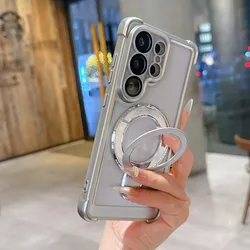 Luxury Electroplated Phone Case with Magsafe Magnetic Ring Holder and Kickstand - Galaxy S23 Ultra (Silver)