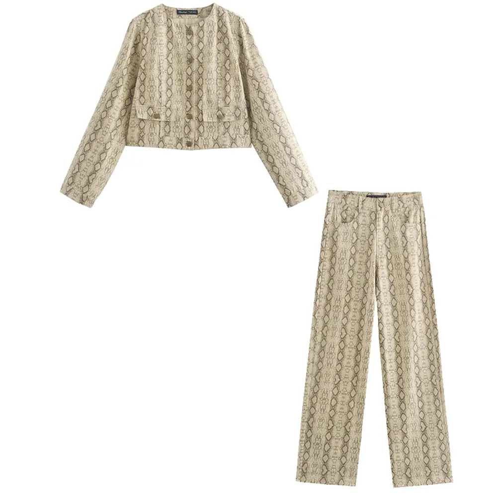 thumbnail image 1 of HH TRAF Chic - Conjunto de 2 piezas de chaqueta vaquera corta con estampado animal para mujer, cintura alta retro, decoración con cremallera, pantalones ajustados para mujer, 1 of 5