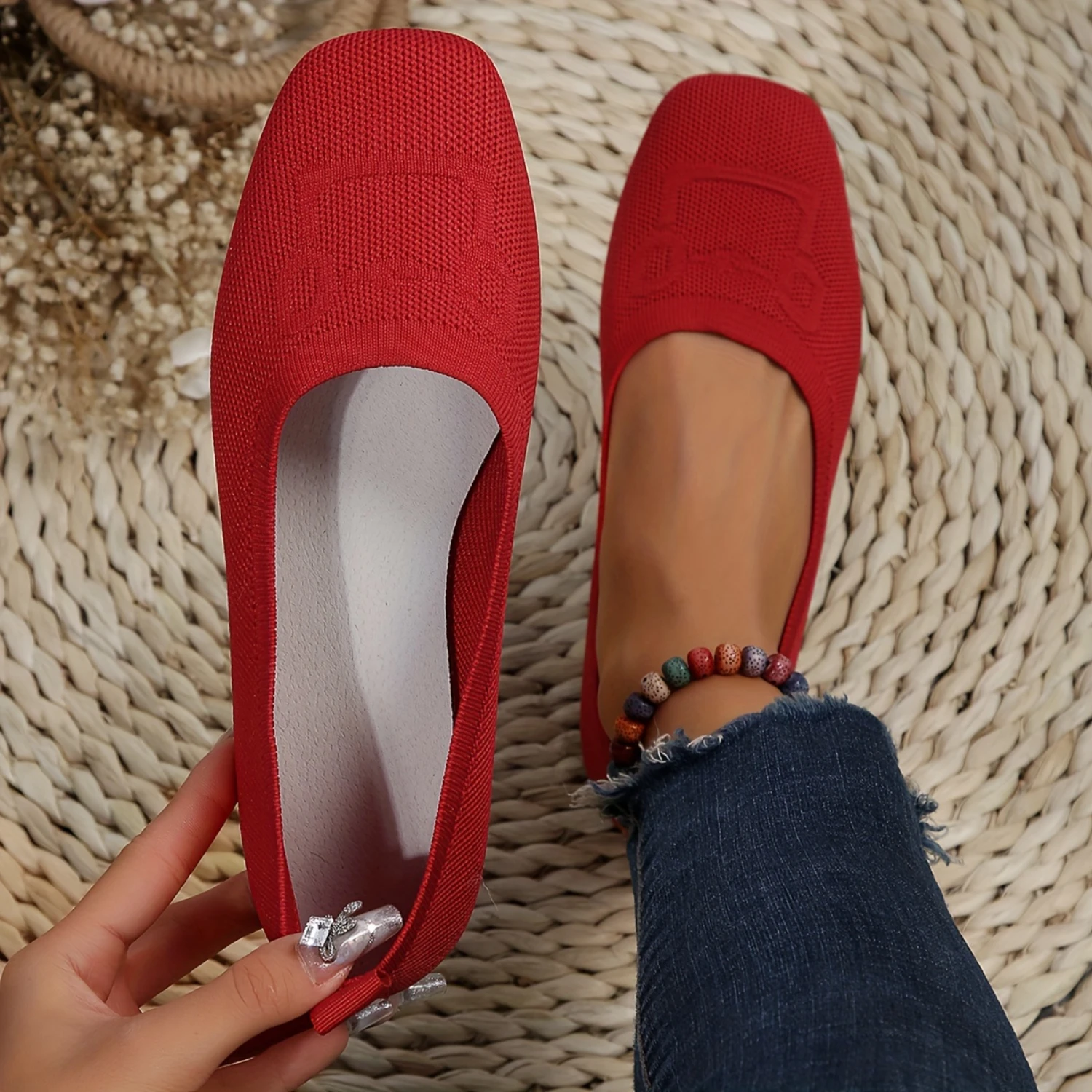 Women's Breathable Knitted Square Toe Ballet Flats with Soft Sole
