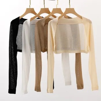 Long Sleeve Crop Cardigan for Women Plain Shrug Top Open Front Knitted Sweater Jacket Summer Teen-girl Fairycore Outfit 1