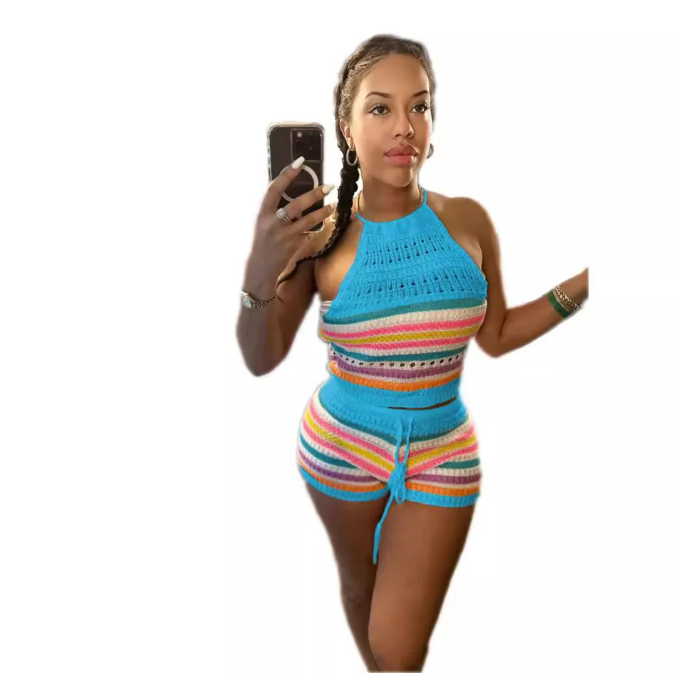 Women's summer new sweater fashion backless halterneck top wrap hip leggings set