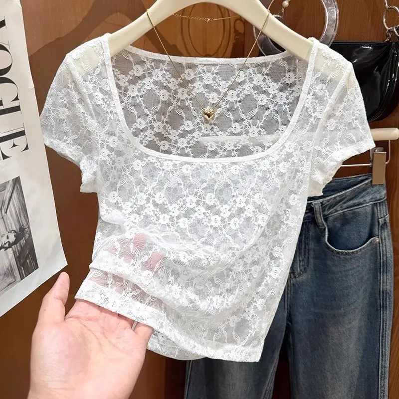 plus Size Ice Silk Lace ort Sve T-irt Women's Summer Pure Desire Me Thin Hollow out Low Ne Base Top