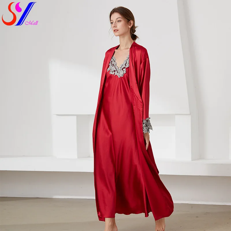 

Women's Autumn And Winter Mid Length Hanging Skirt Jacket Two-piece Imitation Silk Sexy Comfortable Pajamas Home Clothing Set