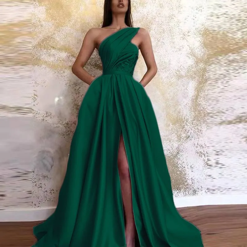 

2023 spring new Europe and the United States new sexy slit oblique shoulder dress long gown woman