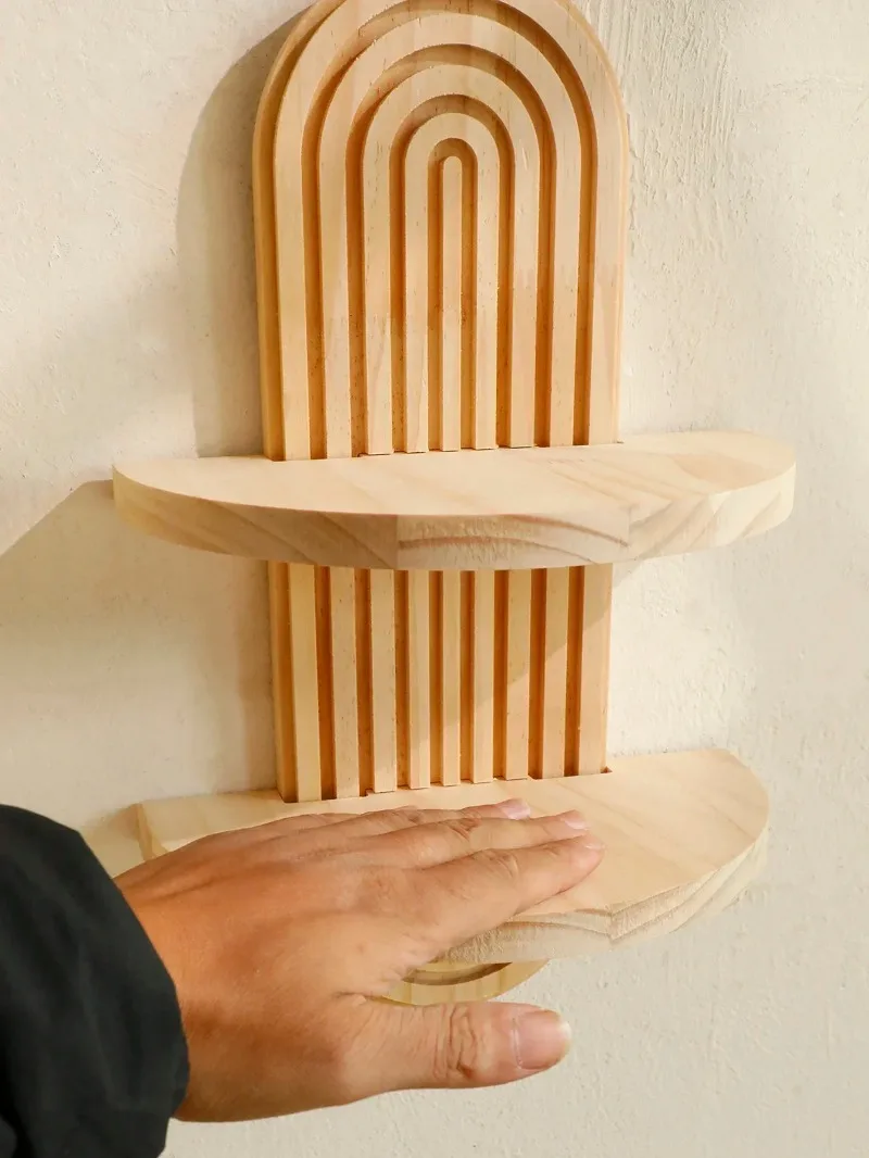 1Pc Wooden Wall Mounted Shelves, Boho Style Rack, Modern Home Decor for Living Room, Bathroom Display Decoration