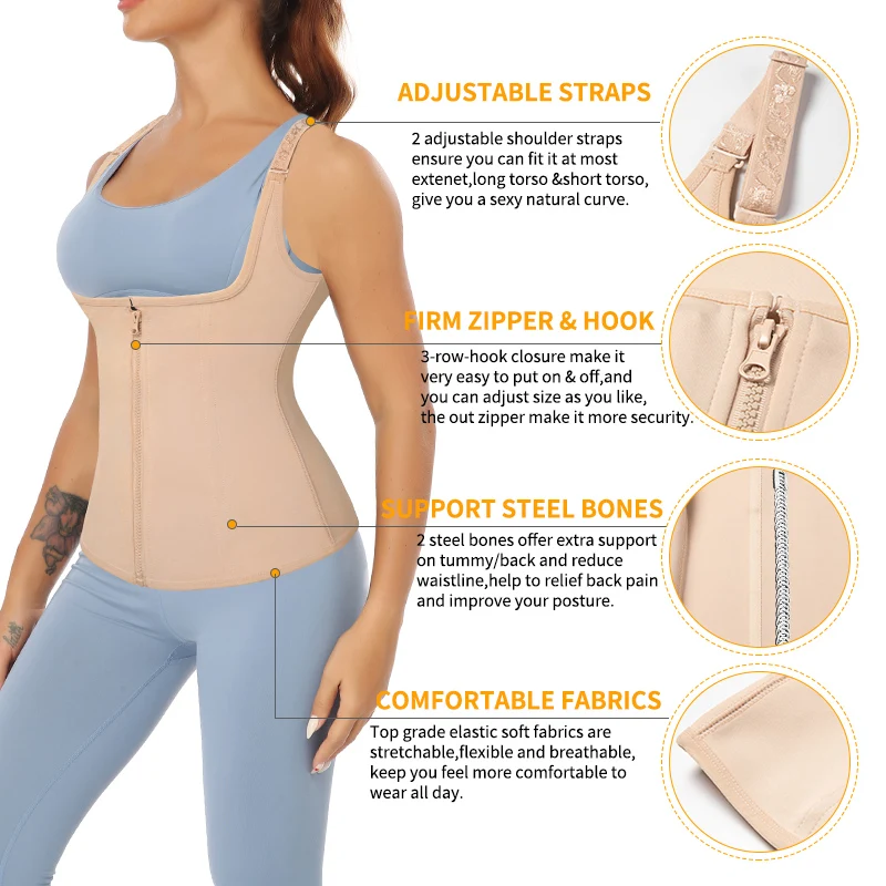 Women Waist Trainer Vest Slim Corset Neoprene Sauna Tank Top Zipper Front Hooks Inside Weight Loss Body Shaper Under Bust Shirt