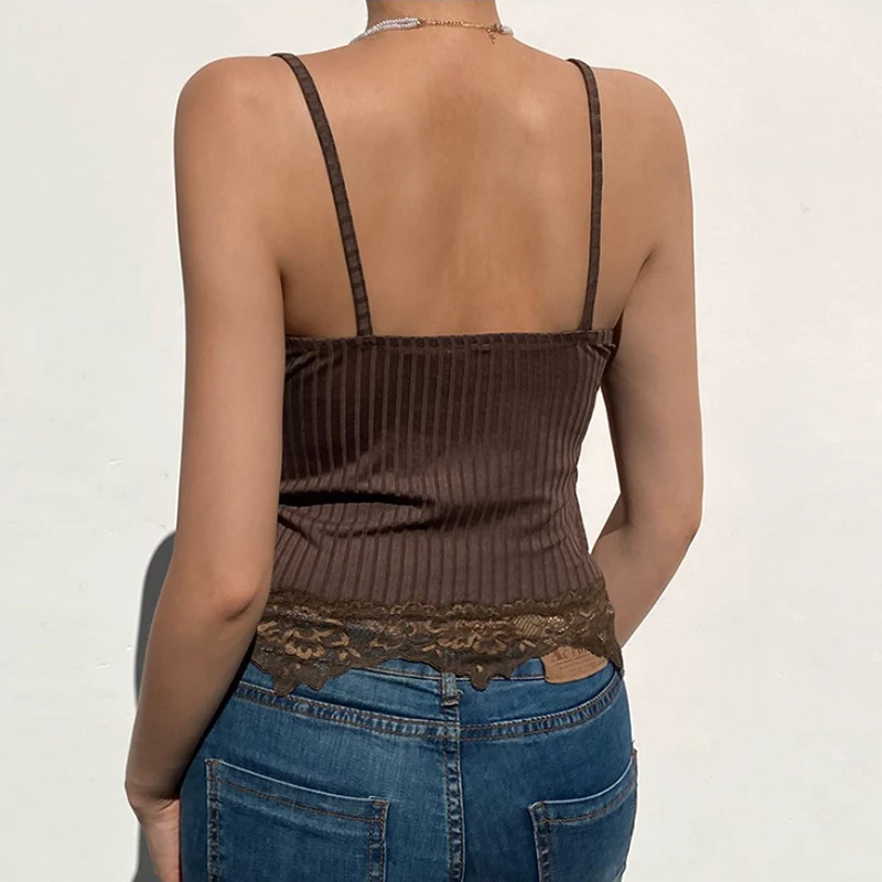 Women's Lace Patchwork Crop Top – Y2K Fairy Grunge Ribbed Camisole, Light Brown - View #2