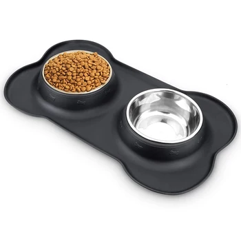 Antislip Double Dog Bowl With Silicone Mat Durable Stainless Steel Water Food Feeder Pet Feeding Drinking Bowls for Dogs Cats 1