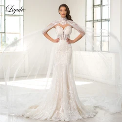 Liyuke Beautiful Sweetheart Mermaid Wedding Dress Off Shoulder Appliques Lace Bridal Gowns With Removable Cape