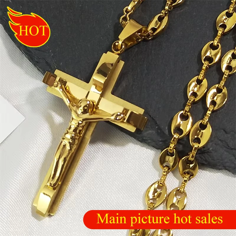 Collane con croce lunga JESUS in acciaio inossidabile per gioielli da uomo Collane a catena color oro Gioielli corrente masculina N1174S02  36