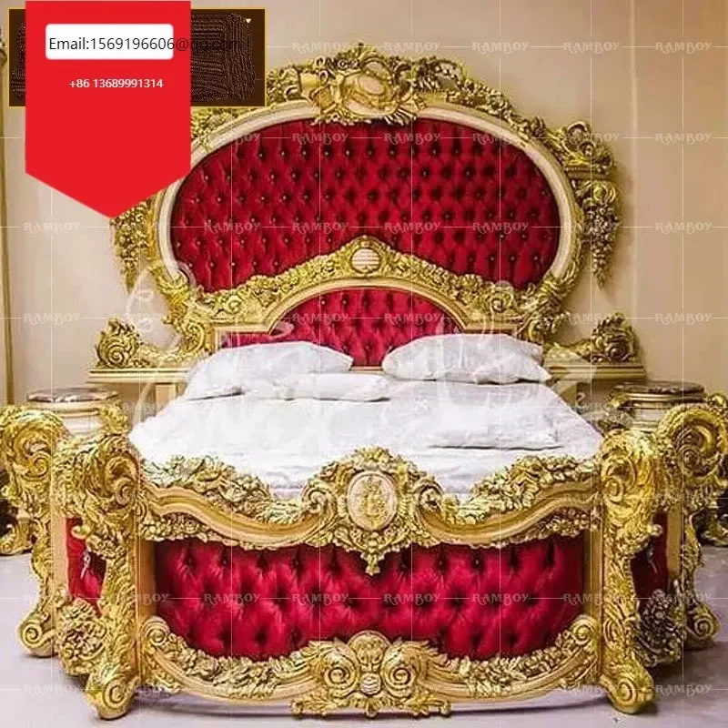 

Italian palace bed luxury solid wood carved double bed villa master bedroom red cloth wedding bed