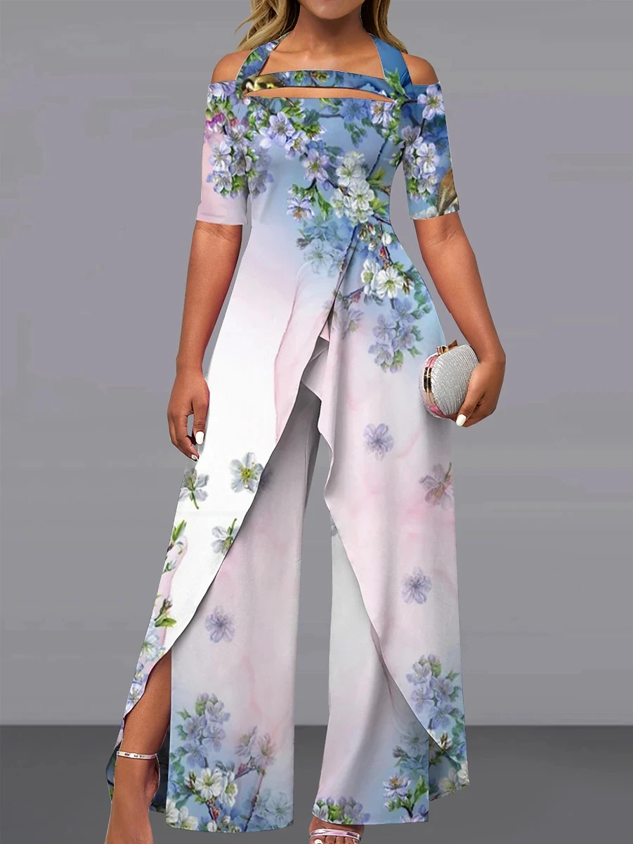 Women's Sexy Off Shoulder Jumpsuits Fashion Print Floral Rompers Elegant Short Sleeve Wide Leg Jumpsuit 2023 Custom Summer