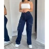 2024 Women's Jeans High Waist Slimming High Street Trousers Loose Straight Pocket Design Denim Pants Streetwear 1