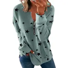 

Dropshipping!! Women T-shirt Long Sleeve Zipper Decor Round Neck Casual Star Print Pullover Top for Female