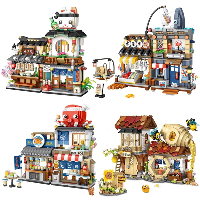 

Creative Japanese-Style Izakaya Octopus Takoyaki Store Building Blocks Mini City Street View Shop Assembled Bricks Toys Kid Gift