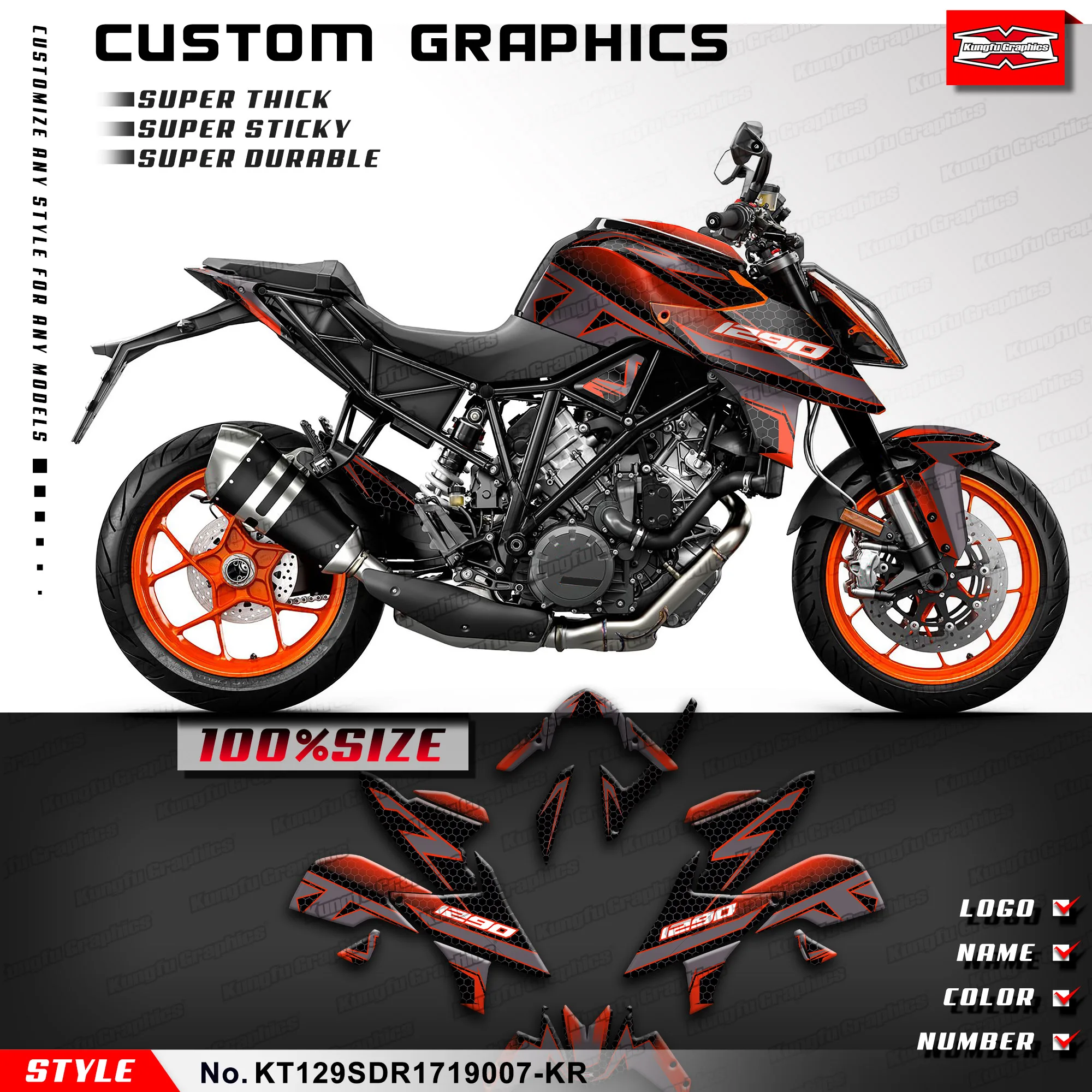 

Индивидуальные графические наклейки KUNGFU, набор для обертывания для KTM 1290 Super Duke R 2017 2018 2019, стиль № KT129SDR1719007-KR