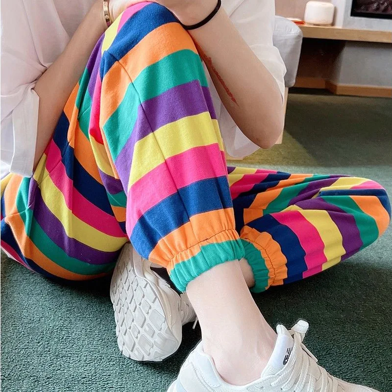 Spring Summer New Multicolor Fashion Elastic Waist Sweatpants Women High Street Casual Loose Striped Pockets Patchwork Trousers