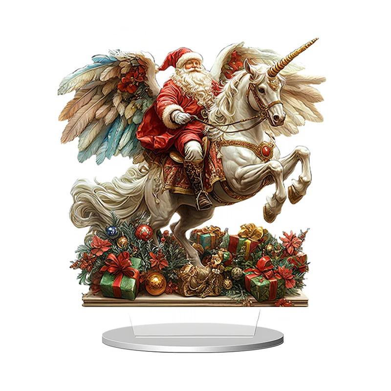 Christmas Reindeer Sleigh Santa Figurine 2D Acrylic Christmas Santa Claus On Sleigh With Reindeers Decorations Holiday Santa