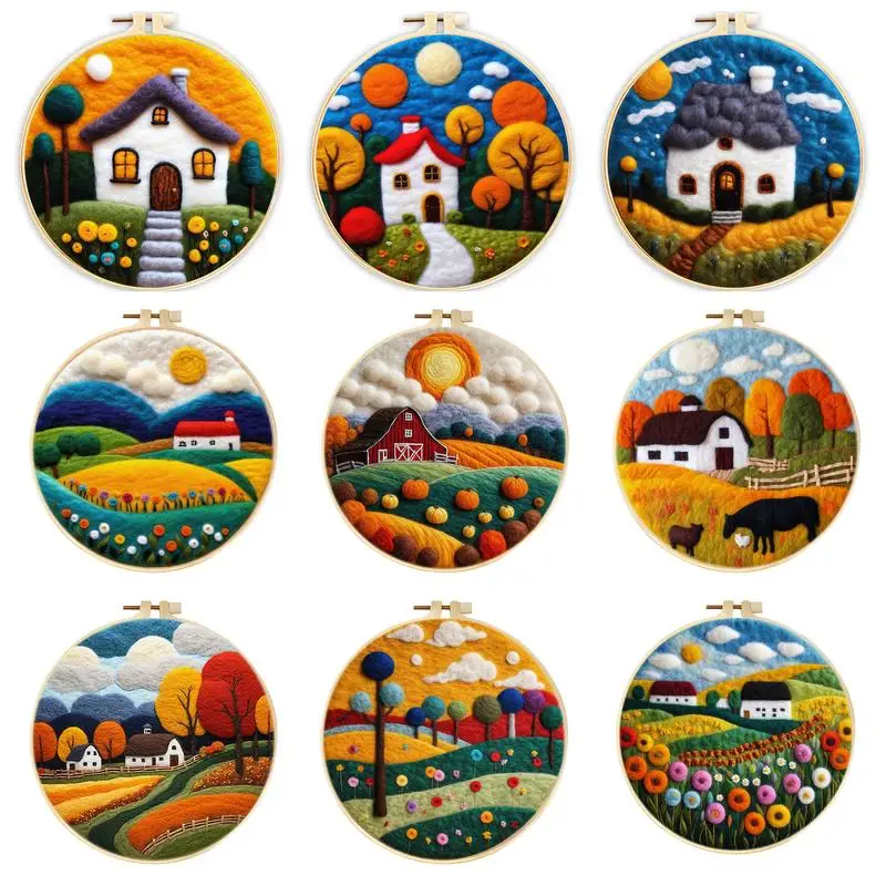RUOPOTY House Landscape Wool Felting Starter Kit With Embroidery Hoop Diy Craft Set Include Tool Creative Home Decor Gift