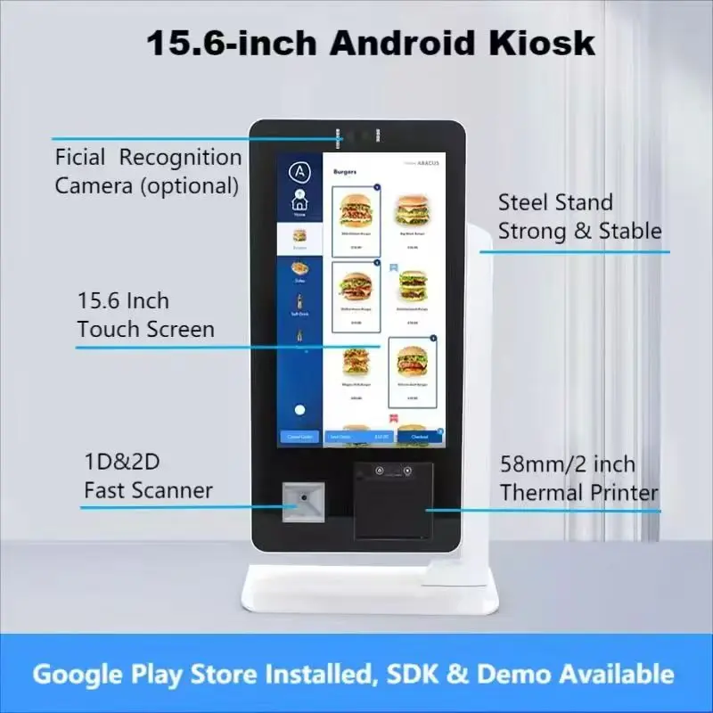 Desktop 15.6 Inch Touch Screen Kiosk, Self Ordering Machine with 2D Scanner & 58mmPrinter, Foodcourt Unattended Payment Terminal