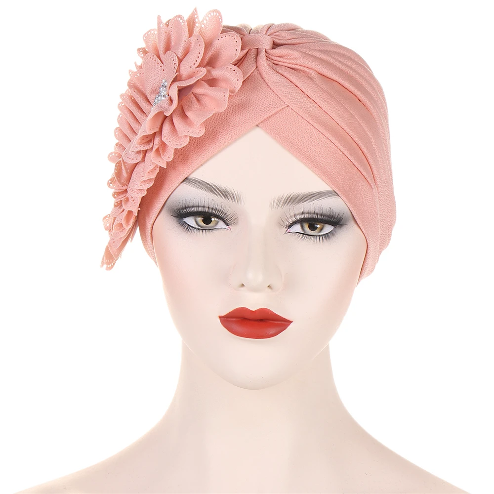 Flower Women Indian Muslim Chemo Hair Loss Cap Hijab Pearl Beads Turban Headwear Wrap Scarf Arab Islamic Bonnet Cover Cancer Hat