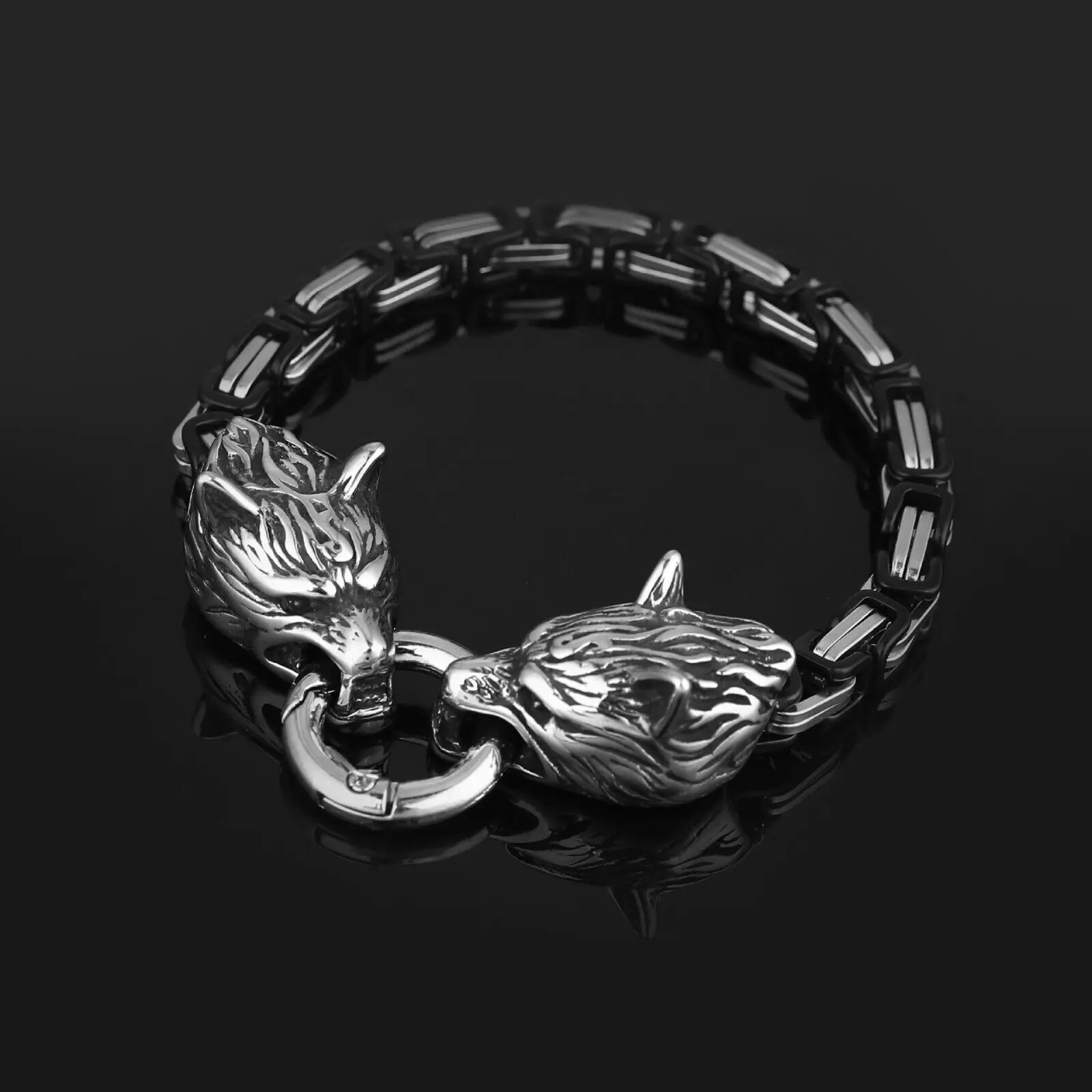 Stainless Steel Vintage Viking Fenrir Wolf Head Byzantine Bracelet Chain