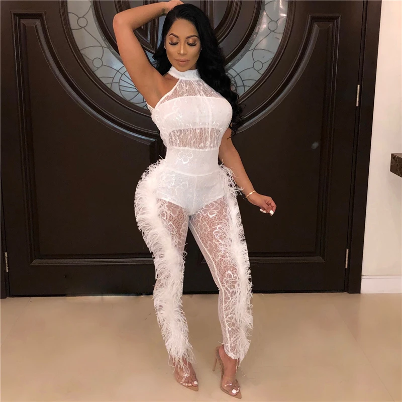 2021 Summer Overalls White Black Mesh Lace Sexy Romper Club Elegant Sexy Jumpsuit for Women Evening Long Party Jumpsuits Outfits