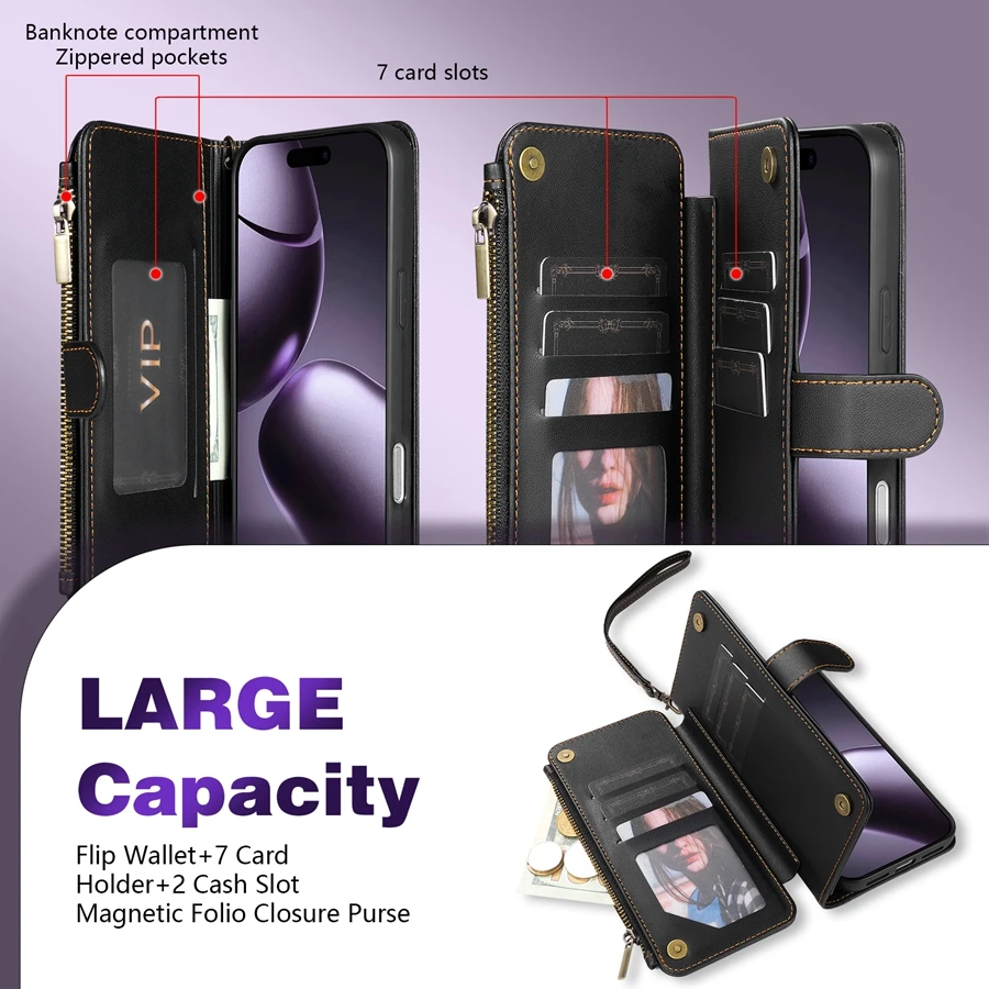 Wallet Multi-card Slot Zipper Kickstand Magnetic Flip Leather Case For iPhone 17 Pro Max 17e Air 16e 15 Plus 14 13 12 11 XR 8 7 2