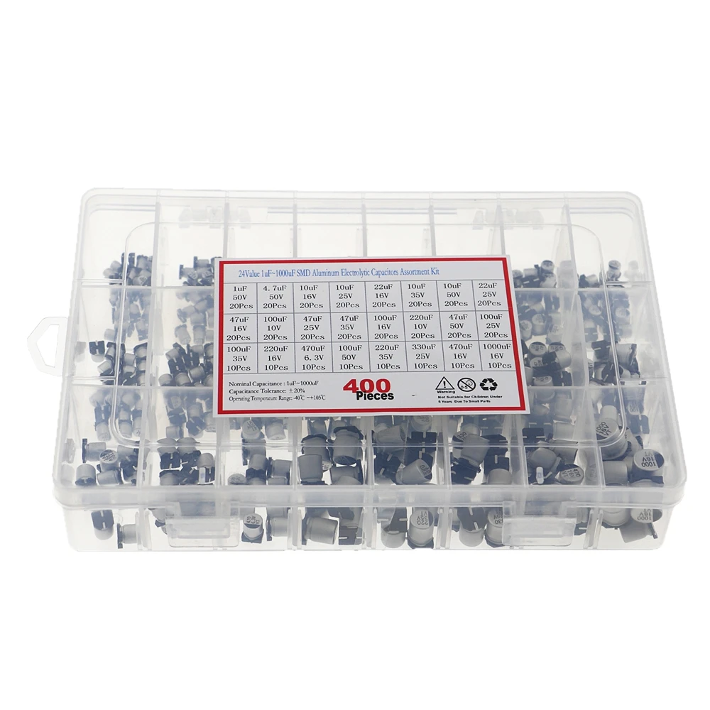 

400pcs 1uF-1000uF 24 Values Electrolytic Capacitor Assorted Kit Box SMD Aluminum Electrolytic Capacitor set