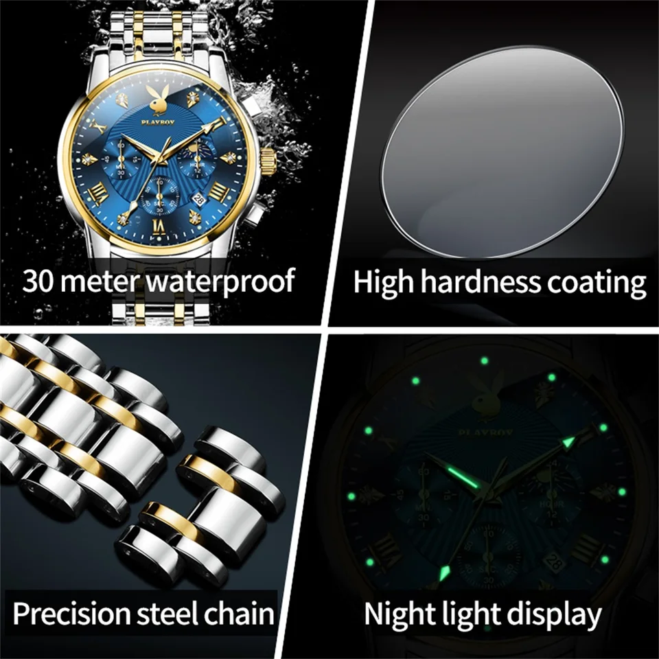 PLAYBOYメンズ時計セット Playboy-メンズステンレススチールクォーツ腕時計、多機能時計、高品質