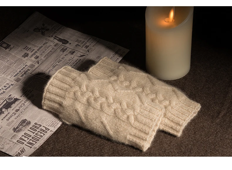 100% Real Cashmere Autumn Winter Thick Cable Gloves Mitten Fingerless Warm Wrist Length Thumb Hole Mitts Classic Female Elegant