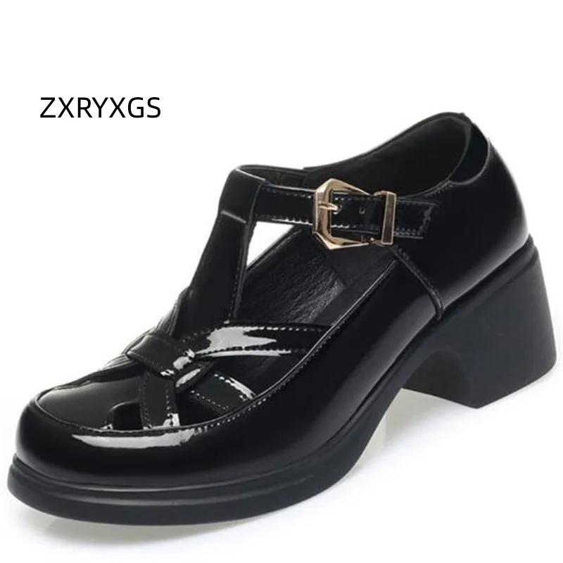 

ZXRYXGS Popular Round Toe Roman Sandals High Heel 2023 Summer Cowhide Patent Leather Weave Hollow Women Sandals Shoes Size 33-42