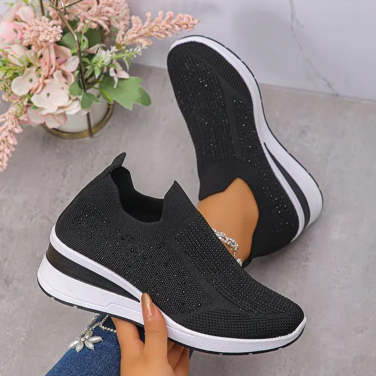 Damen-Sneaker mit Strass-Verzierung und Keilabsatz, Slip-On, Atmungsaktive Walkingschuhe, Bequeme Plateau-Keilabsätze für Alltägliche Freizeitkleidung – Detail 2