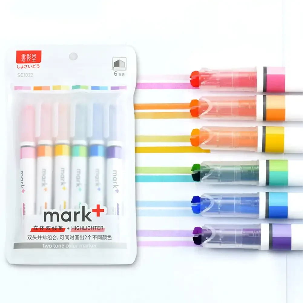 6pcs/pack Beetle A Two-color Highlighter Color Marker Pen Student Office Stationery Light Color Dark Dark Thick Pen