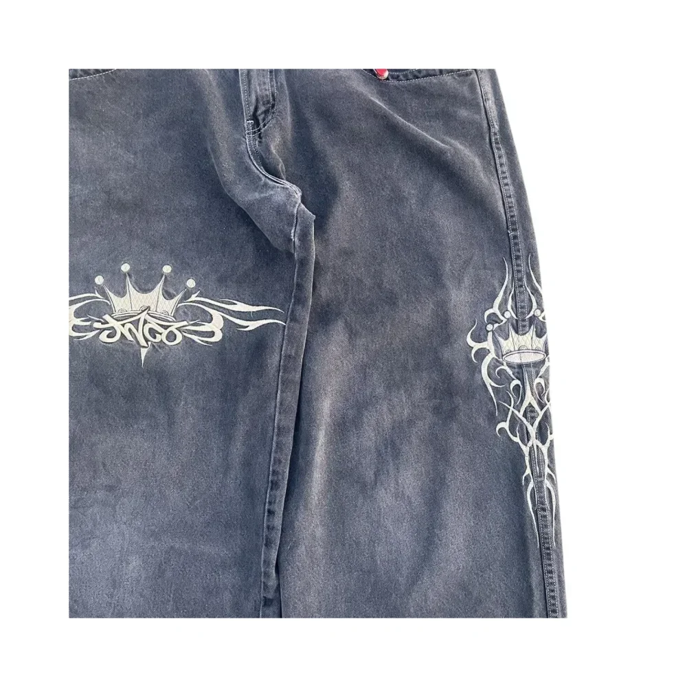 JNCO 하라주쿠 레트로 힙합 자수 청바지, 헐렁한 청바지, 블랙 팬츠, 고딕 하이 웨이스트 와이드 팬츠, Y2K 스트리트웨어, 신제품