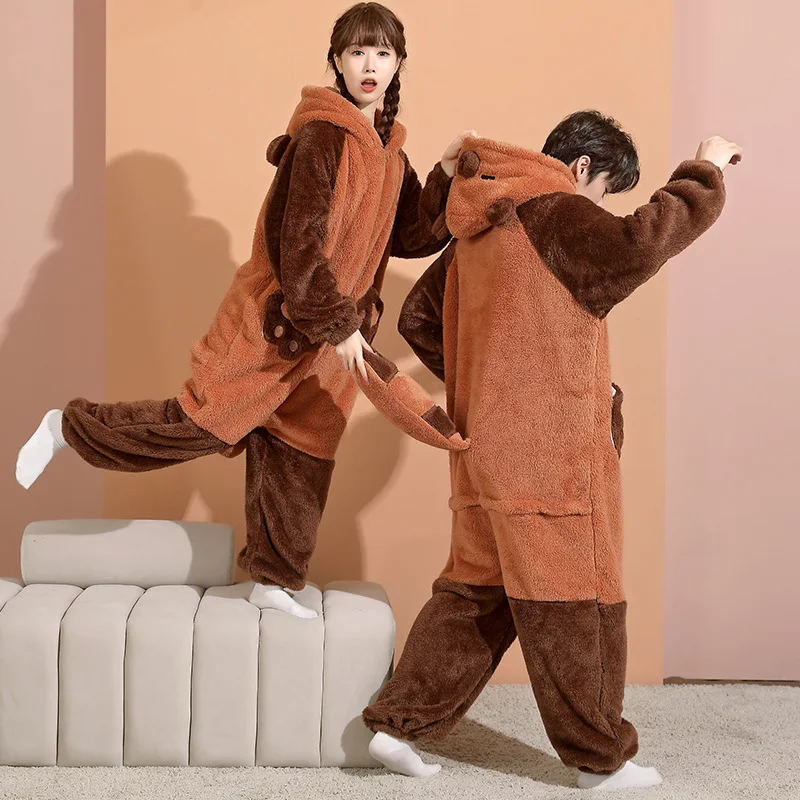 Winter Couple Pajamas Adults One-piece Jumpsuit Animal Sleepwear