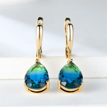 Trendy Crystal Blue Green Rainbow Zircon Stone Hoop Earrings For Women Vintage Gold Color Wedding Jewelry