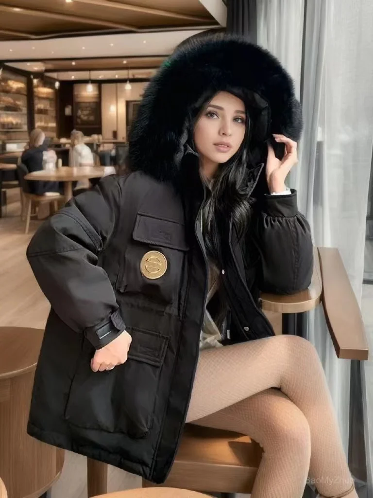 

2023 Winter Cotton-Padded Clothes Fur Parkas Big Fur Collar Down Cotton Jacket Women Thick Warm Windproof Coats Large Pockets